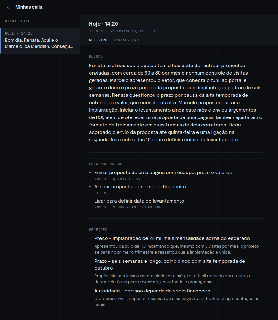 Tela do Auris mostrando o registro de uma call: resumo, próximos passos e objeções.