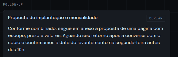 Card do e-mail de follow-up gerado pelo Auris, com botão de copiar.